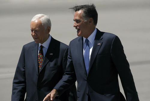 Francisco Kjolseth  |  The Salt Lake Tribune
Republican presidential candidate Mitt Romney arrives in Salt Lake City on Friday, June 8, 2012, for a campaign stop and to raise funds for Hatch.
