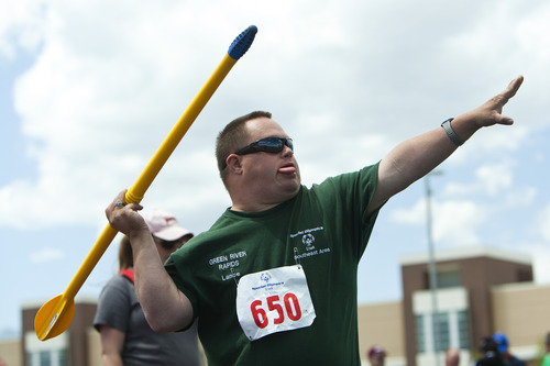 Chris Detrick  |  The Salt Lake Tribune
Lance Riches, of team Green River Rapids, competes in the turbojav event during the 43rd Special Olympics summer games at Herriman High School Saturday June 9, 2012.