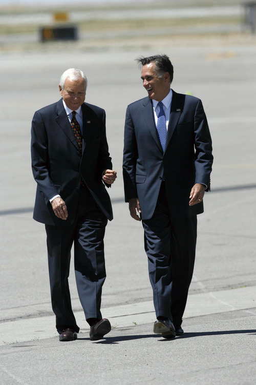 Francisco Kjolseth  |  The Salt Lake Tribune
Sen. Orrin Hatch welcomes Republican presidential candidate Mitt Romneyas he arrives in Salt Lake City on Friday, June 8, 2012, for a campaign stop and to raise funds for Hatch.