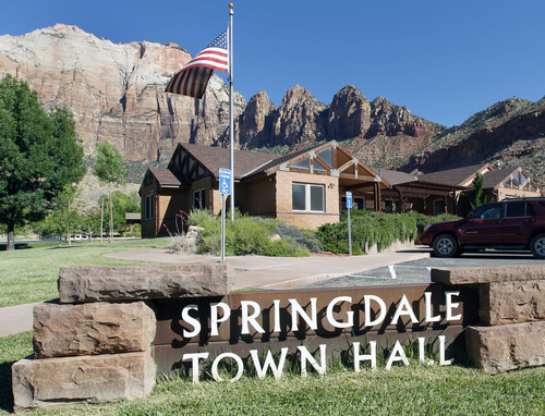 Al Hartmann  |  The Salt Lake Tribune 
Springdale Town Hall also houses the town's police department.   A Utah state audit says that Springdale police were illegally collecting money from foreign tourists and some of the cash is missing.
