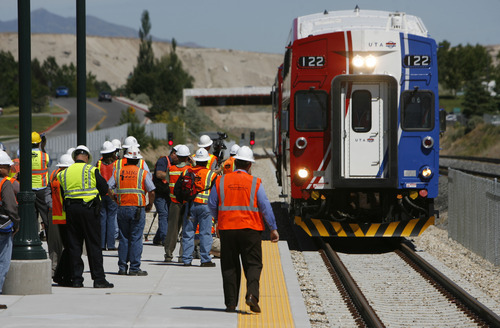 Francisco Kjolseth  |  The Salt Lake Tribune
The first FrontRunner train arrives in Utah County at the Lehi Station on Monday, June 11, 2012, marking the beginning of the testing process of the new commuter rail line that links Provo to Salt Lake City.