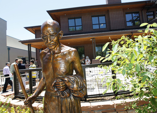 Al Hartmann  |  The Salt Lake Tribune 
A bronze sculpture by artist Dennis Smith graces the front of the new Center for Families, which will house an expanded Salt Lake Area Family Justice Center and the YWCA's Community Education Program at 310 E. 300 South in Salt Lake City.