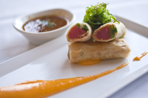 Chris Detrick  |  The Salt Lake Tribune
Crispy ahi spring rolls with siracha sauce, sesame seaweed salad and ginger soy dipping sauce ($11) served at Chef's Table in Orem.