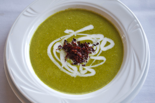 Chris Detrick  |  The Salt Lake Tribune
Asparagus soup with crème fraîche and prosciutto served at Chef's Table in Orem.