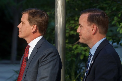 Trent Nelson  |  The Salt Lake Tribune
Mark Crockett, left, and Mike Winder, the two Republican candidates for Salt Lake County mayor, face off at a debate on Main Street on Wednesday, June 13, 2012 in Salt Lake City.