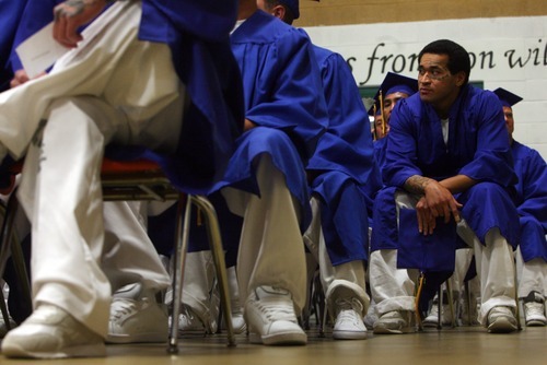 Kim Raff | The Salt Lake Tribune
Inmate Frank Reed waits to receive his high school diploma during commencement exercises in the gym at the Timpanogos Women's Facility at the Utah State Prison in Draper, Utah on June 13, 2012. The Utah State Prison and Canyons School District presented diplomas to about 340 men and women who have graduated from the prison's high school or G.E.D. programs.