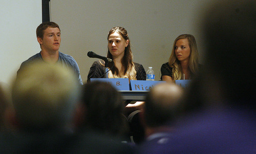 Scott Sommerdorf  |  The Salt Lake Tribune             
Logan Brown, left, Nicole Kingston (now Mafi) and Liesl D were part of a panel discussion at the annual conference of the polygamy-focused Safety Net committee focused on youth from polygamous communities, Friday, June 15, 2012.