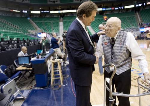 Kim Raff | The Salt Lake Tribune
Jazz play-by-play announcer Craig Bolerjack talks with long time Jazz usher Wally Price before a Jazz game at the Energy Solutions Arena in Salt Lake City on April 21, 2012.