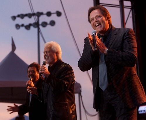 Trent Nelson  |  The Salt Lake Tribune
Jay, Merrill and Jimmy Osmond sing as the Osmond Brothers perform at the West Jordan Arena Saturday, June 16, 2012 in West Jordan, Utah.