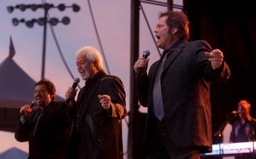 Trent Nelson  |  The Salt Lake Tribune
Jay, Merrill and Jimmy Osmond sing as the Osmond Brothers perform at the West Jordan Arena Saturday, June 16, 2012 in West Jordan, Utah.