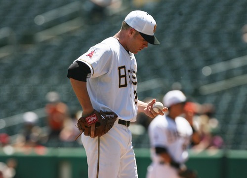 Kim Raff | The Salt Lake Tribune
Salt Lake Bees pitcher Greg Smith reacts to giving up a home run during a game against the Fresno Grizzlies at Spring Mobile Ballpark in Salt Lake City on June 17, 2012.