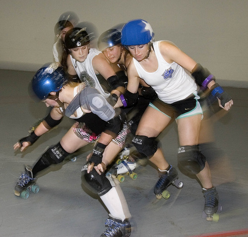 Paul Fraughton  |  The Salt Lake Tribune
Skaters with the Midnight Terror roller derby team practice for upcoming matches looking to qualify for  Western Regionals competition.