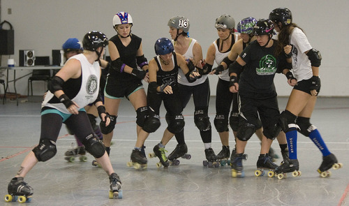 Paul Fraughton  | The Salt Lake Tribune
 Skaters on the roller derby team, The Midnight Terror, practice  Monday, June 18, 2012, as they prepare for upcoming matches looking to qualify for the Western Regionals of roller derby.