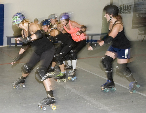 Paul Fraughton |  The Salt Lake Tribune
 Skaters on the roller derby team The Midnight Terror practice  Monday, June 18, 2012, as they prepare for upcoming matches looking to qualify for the Western Regionals of roller derby.