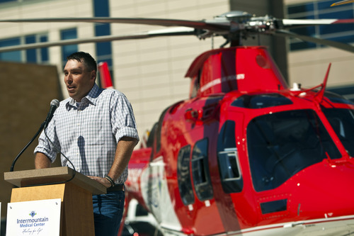 Chris Detrick  |  The Salt Lake Tribune
Mike Tillack, the first trauma patient transported on the new Augusta Grand helicopter, speaks at the Intermountain Medical Center on Wednesday, June 20, 2012.  The helicopters have a top speed of 193 mph.