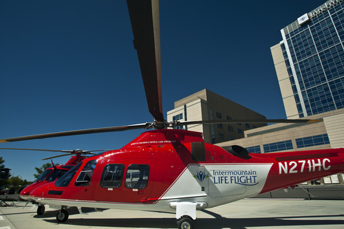 Chris Detrick  |  The Salt Lake Tribune
Intermountain Healthcare unveiled two new Augusta Grand helicopters it has added to Life Flight fleet to transport patients in need of emergency medical care. The helicopters join a third in service in St. George that can reach speeds of 190 mph.