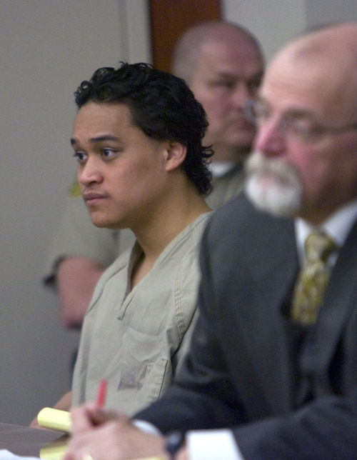 Al Hartmann   |  The Salt Lake Tribune 
Ricky Angilau sits at a defense table in Judge Ann Boyden's courtroom in 3rd District Court on April 15 for a preliminary hearing. He is charged with murder for shooting classmate Esteban Saidi near Kearns High School on Jan. 21, 2009.