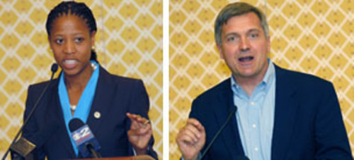 Al Hartmann  |  Tribune file photo
Saratoga Springs Mayor Mia Love and U.S. Rep. Jim Matheson, contenders in Utah's new 4th Congressional District, appear at a recent Utah Taxpayers Association conference.
