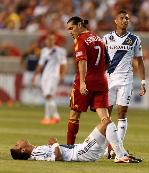 Trent Nelson  |  The Salt Lake Tribune
RSL's Fabian Espindola looks down at LA's A.J. DeLaGarza late in the second half as Real Salt Lake hosts the L.A. Galaxy at Rio Tinto Stadium on Wednesday, June 20, 2012, in Sandy.