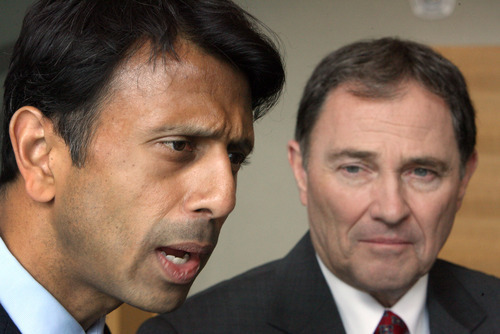 Steve Griffin  |  The Salt Lake Tribune
Louisiana Gov. Bobby Jindal, left, and Utah Gov. Gary Herbert talk to the media following an energy roundtable discussion at the Questar Building in Salt Lake City on Thursday.