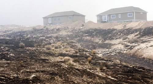 Christopher Reeves  |  Special to The Salt Lake Tribune

Burned ground shows how close the fire came to homes in Saratoga Springs and Eagle Mountain on Friday, June 22, 2012.