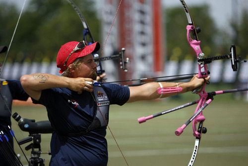 Francisco Kjolseth  |  Tribune file photo
Brady Ellison lines up a shot during 2011 World Cup Archery practice. This year's World Cup competition wraps up Friday, Saturday and Sunday in Ogden at the Golden Spike Event Center and Lindquist Field.