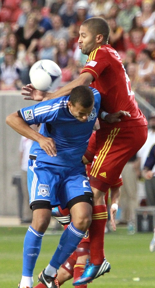 Real Salt Lake forward Alvaro Saborio fumbles a header during RSL's 1-2 loss against the San Jose Earthquakes in Rio Tinto Stadium in Sandy, Utah.
Stephen Holt / Special to the tribune