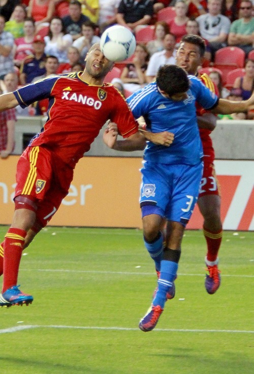 Real Salt Lake forward Alvaro Saborio tries to head in a goal against the San Jose Earthquakes in their 1-2 home loss in Rio Tinto Stadium in Sandy, Utah.
Stephen Holt / Special to the tribune