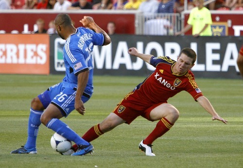 San Jose Earthquakes defender Victor Bernardez strips the ball from Real Salt Lake midfielder Will Johnson in the first half at Rio Tinto Stadium in Sandy, Utah.
Stephen Holt / Special to the tribune