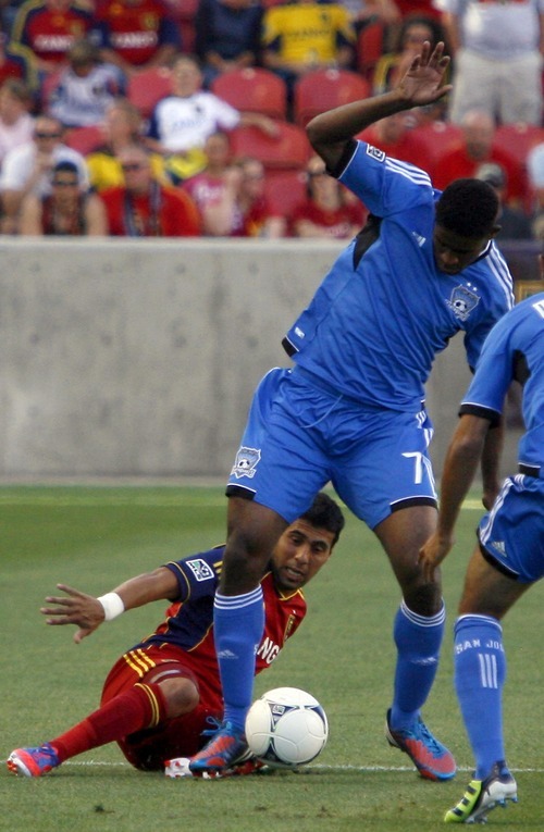 Real Salt Lake midfielder Javier Morales tries to take the ball from San Jose Earthquakes midfielder Khari Stephenson in the first half at Rio Tinto Stadium in Sandy, Utah.
Stephen Holt / Special to the tribune