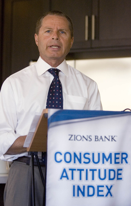 Paul Fraughton | Salt Lake Tribune
Speaking Tuesday at Zions Bank's monthly presentation of the Consumer Attitude Index from inside a model home at the TerraSol development in South Salt Lake City, Bryson Garbett, president of Garbett Homes, talks about the improving housing market.