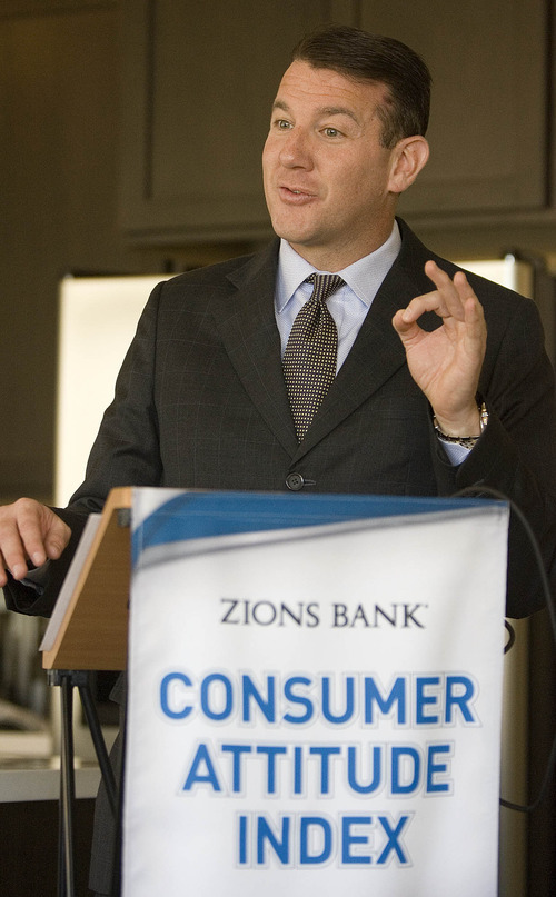 Paul Fraughton | Salt Lake Tribune
Randy Shumway, CEO of The Cicero Group Inc., delivers results of Zions Bank's monthly Consumer Attitude Index Tuesday inside a model home at Garbett Homes' TerraSol development.