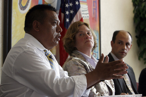 Francisco Kjolseth  |  The Salt Lake Tribune
Activist Tony Yapias, Karen McCreary of the ACLU and Attorney Mark Alvarez join other leaders and supporters of the Hispanic community for a press conference at Centro Civico Mexicano in Salt Lake City on Monday, June 25, 2012, to react to the U.S. Supreme Court ruling on the controversial Arizona Immigration Law.