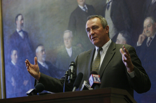 Francisco Kjolseth  |  The Salt Lake Tribune
Utah Attorney General Mark Shurtleff holds a press conference in the Capitol Board room of the Utah State Capitol on Monday, June 25, 2012, to address questions following the U.S. Supreme Court ruling on the controversial Arizona Immigration Law and how it relates to Utah.