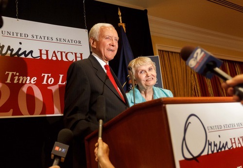 Trent Nelson  |  The Salt Lake Tribune
With his wife Elaine at his side, Senator Orrin Hatch makes his victory speech on election night at the Little America Hotel in Salt Lake City on Tuesday, June 26, 2012.