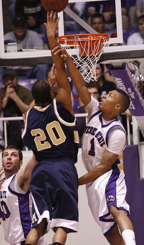 Weber's Damian Lillard tries to stop Montana's Will Bynum. 
Weber State University played Montana State Tuesday in the Big Sky Conference semifinals.
Photo by Leah Hogsten/ The Salt Lake Tribune
Ogden 3/10/09
Weber was defeated by Montana State 70-61.