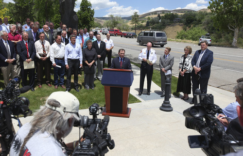 Lennie Mahler  |  The Salt Lake Tribune
Utah Gov. Gary Herbert urges Utahns to use caution and follow local restrictions when setting off fireworks in the dry conditions for the upcoming holidays. Thursday, June 28, 2012.