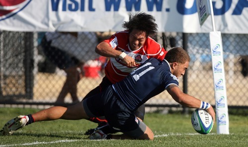 Kim Raff | The Salt Lake Tribune
At the end of the half USA's Noah Tarrant dives into the try zone as Japan's Seiyu Kohara misses the tackle during the Junior World Rugby Trophy 2012 Final at Murray Rugby Park Stadium in Murray, Utah on June 30, 2012.