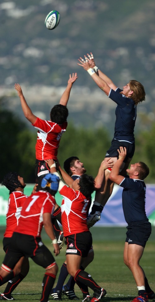 Kim Raff | The Salt Lake Tribune
USA player Alex Goff Japan's  player Shinya Osugi compete for a lineout during the Junior World Rugby Trophy 2012 Final at Murray Rugby Park Stadium in Murray, Utah on June 30, 2012.