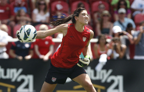 Scott Sommerdorf  |  The Salt Lake Tribune             
U.S. goalkeeper Hope Solo throws an outlet pass as the U.S. Women's national soccer team held its final practice Friday, June 29, 2012 in advance of its Olympic send-off match against Canada at Rio Tinto Stadium on Saturday. The practice session was open to the public.