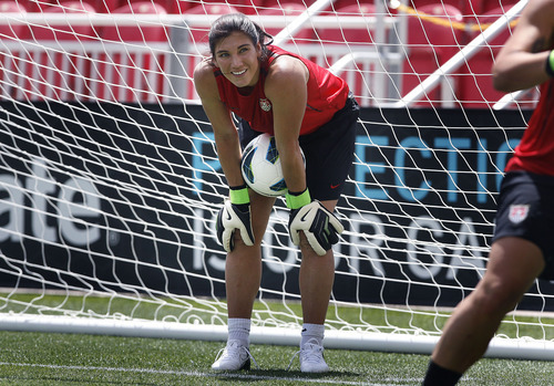 Scott Sommerdorf  |  The Salt Lake Tribune             
U.S. goalkeeper Hope Solo during a break in practice. The U.S. Women's national soccer team held its final practice Friday, June 29, 2012 in advance of its Olympic send-off match against Canada at Rio Tinto Stadium on Saturday. The practice session was open to the public.