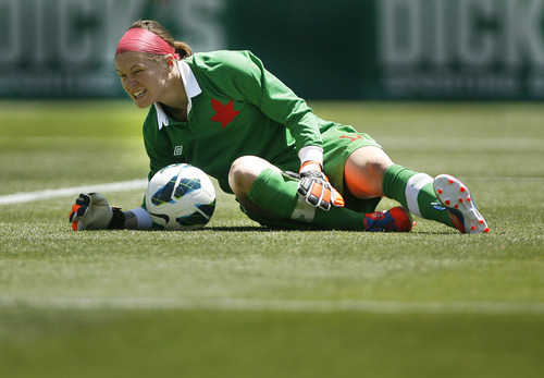 Scott Sommerdorf  |  The Salt Lake Tribune             
Canada goalkeeper Erin McLeod (18) had a leg cramp early in the first period of the U.S. women's national team's 2-1 victory over Canada in its final match before going to the London Olympics, Saturday, June 30, 2012.