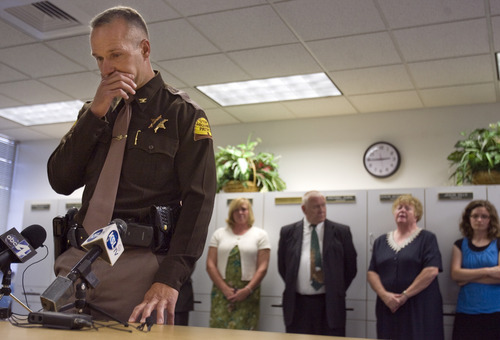 Kim Raff | The Salt Lake Tribune
UHP Superintendent Daniel Fuhr becomes emotional while making a statement during a press conference to discuss the death of UHP trooper Aaron Beesley, who died during a search and rescue operation, at the UHP's section 3 office in Farmington, Utah on July 1, 2012. Fuhr was Beesley's direct supervisor.