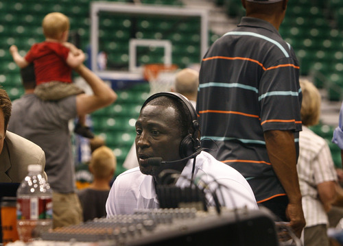Scott Sommerdorf  |  The Salt Lake Tribune             
Utah Jazz head coach Tyrone Corbin does a radio interview on the floor during an NBA draft party for fans at EnergySolutions Arena in Salt Lake City on Thursday, June 28, 2012.