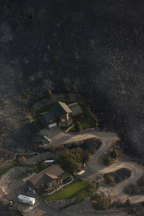 Jeremy Harmon  |  The Salt Lake Tribune

Burned ground is seen right next to houses in the foothills above Herriman on Friday, June 29, 2012.