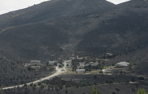Scott Sommerdorf  |  The Salt Lake Tribune             
This enclave of homes at the top of Rosecrest Drive in Herriman, seen Sunday, July 1, 2012, were saved by the efforts of crews fighting the Rosecrest Fire.