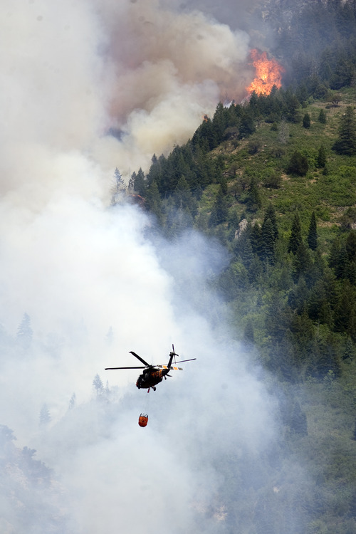Kim Raff | The Salt Lake Tribune
A helicopter works to put out the Quail Wildfire in the hills above Alpine, Utah on July 4, 2012.