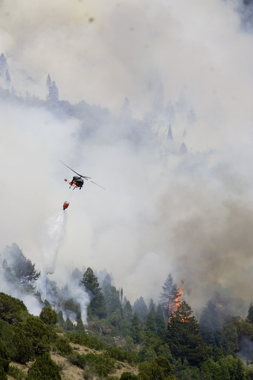 Kim Raff | The Salt Lake Tribune
A helicopter works to put out the Quail Wildfire in the hills above Alpine, Utah on July 4, 2012.