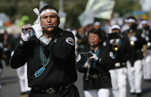 Francisco Kjolseth  |  The Salt Lake Tribune
Members of the Navajo Nation Marching Band from Arizona attend for the first time as thousands line the streets of downtown Provo to watch the Freedom Festival Parade on Wednesday, July 4, 2012.