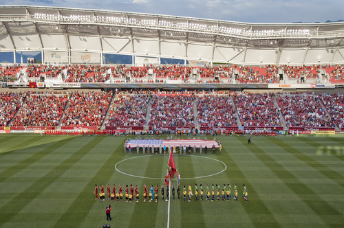 Michael Mangum  |  Special to the Tribune

The American flag is displayed during the singing of the national anthem before the MLS match featuring Real Salt Lake and Seattle Sounders at Rio Tinto Stadium in Sandy, UT on Wednesday, July 4, 2012.